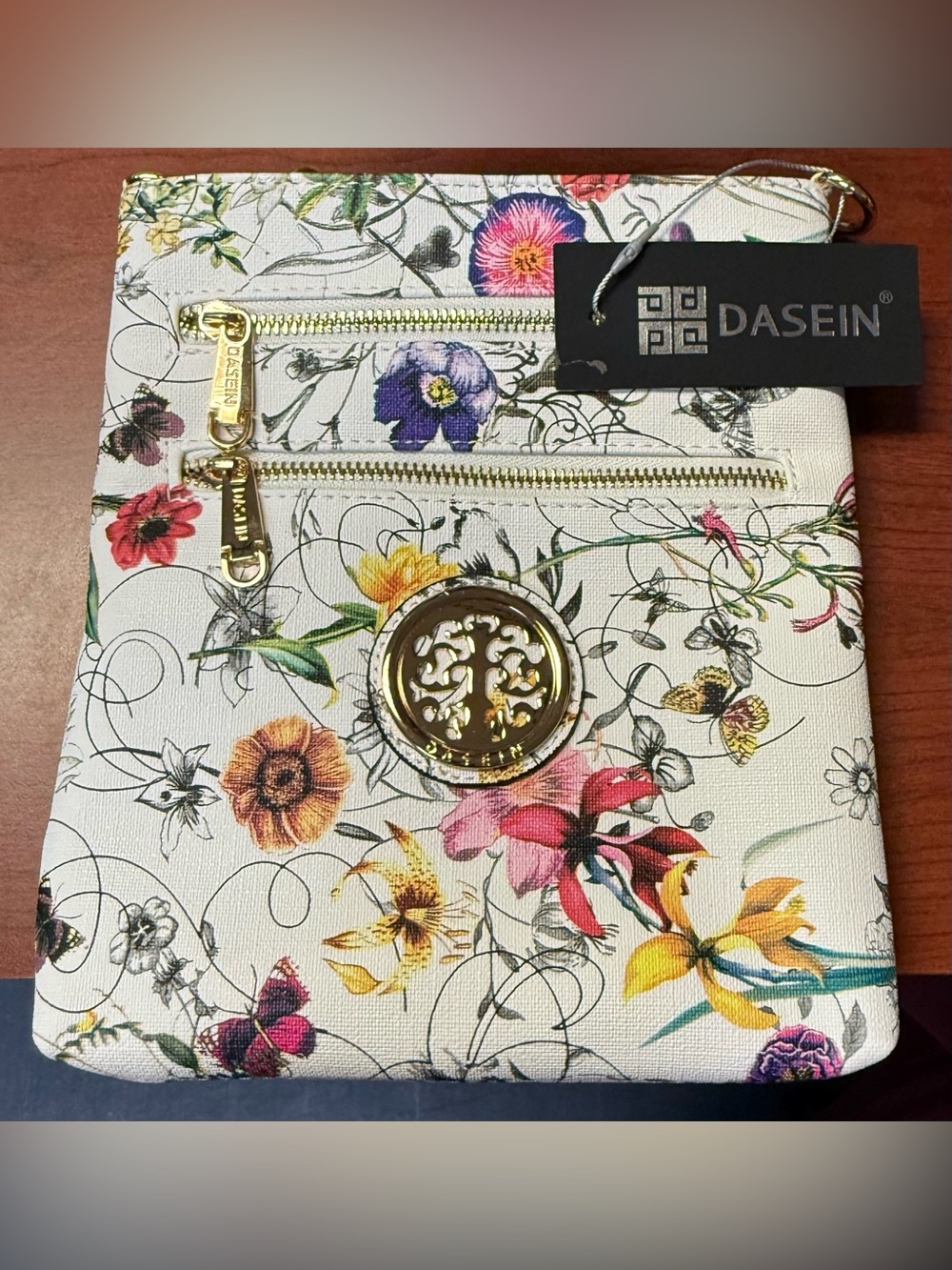 Dasein Whit Floral Crossbody Bag with removable strap